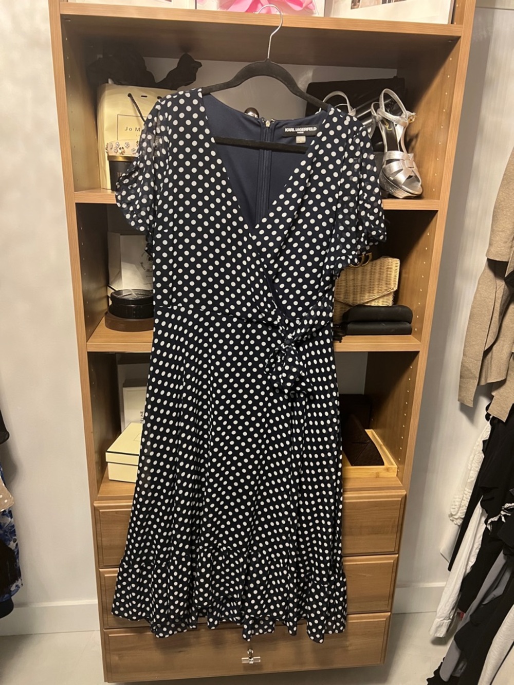 Karl Lagerfeld Navy and White Polka Dot Wrap Midi Dress
